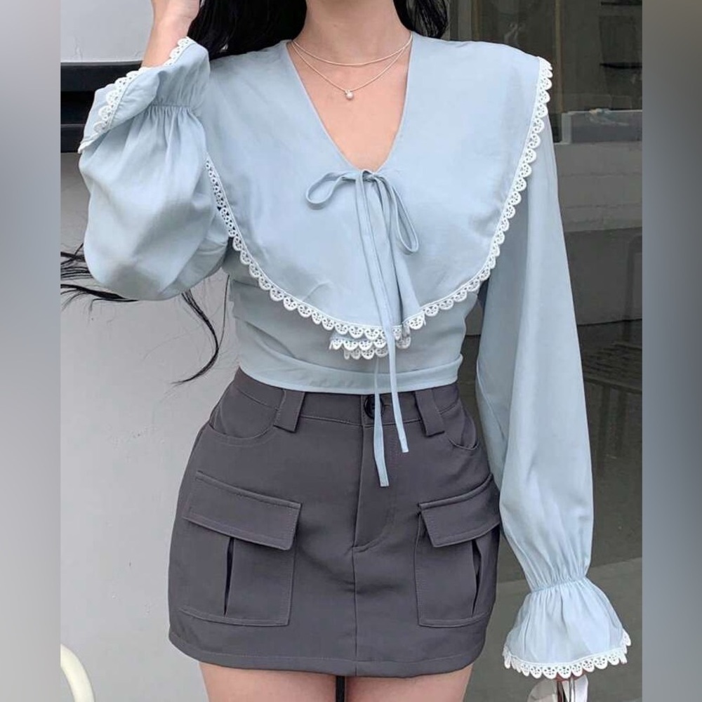 New Lace Trimmed Ruffle Sleeve Shirt Blouse - Picture 8 of 13